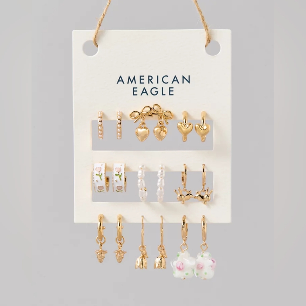 American Eagle 9 Pack Floral Heart Bow Dangle Hoop Earrings Set NWT.